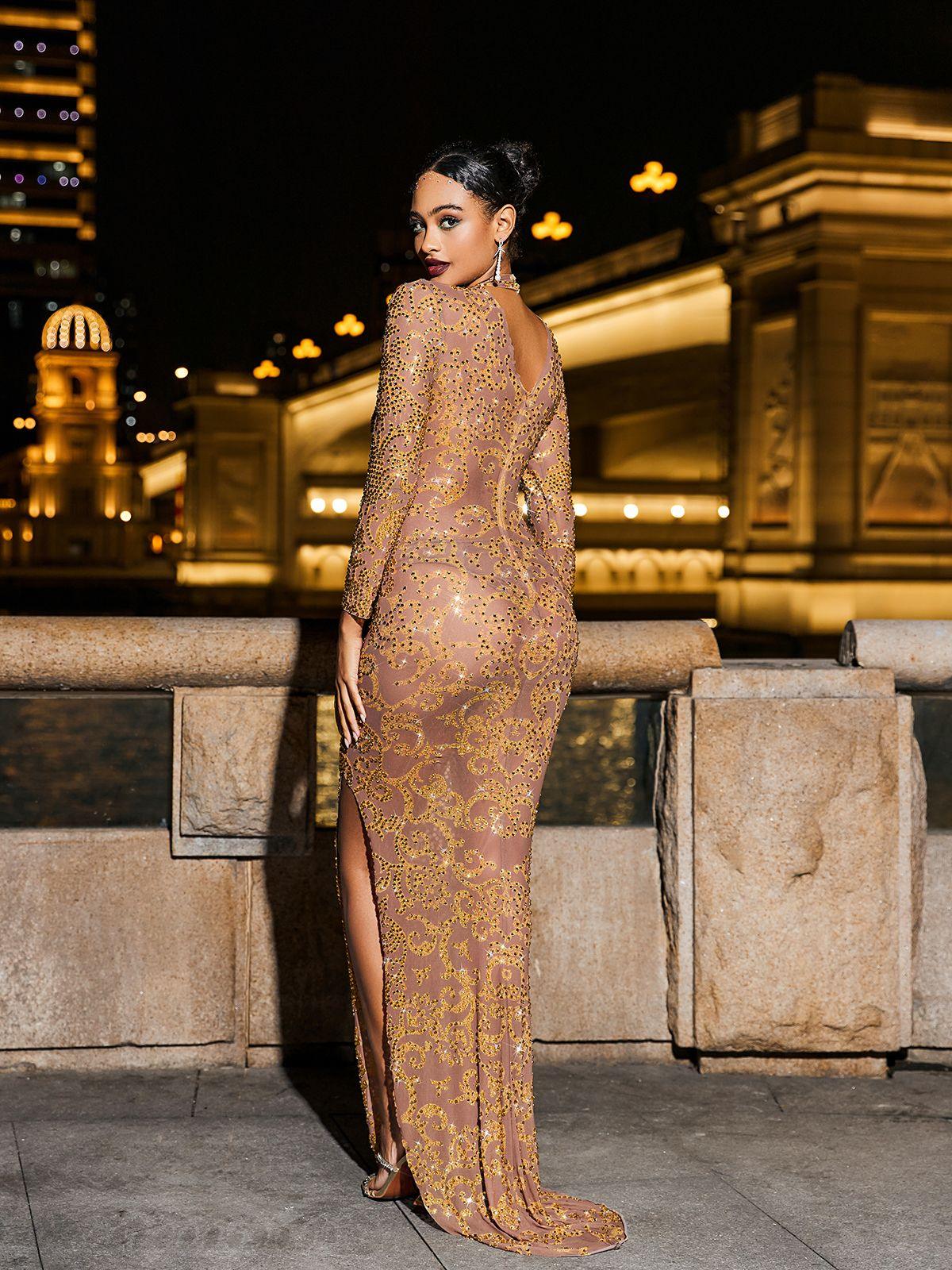 Horton Floral Rhinestone Mesh Maxi Dress with long sleeves, stunning embellishments, and a split design, perfect for elegant parties.