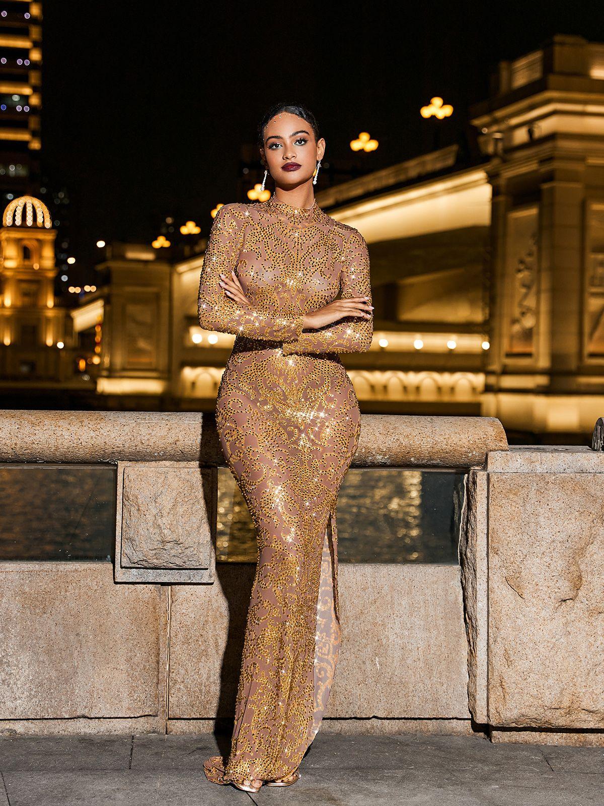 Horton Floral Rhinestone Mesh Maxi Dress with long sleeves, stunning embellishments, and a split design, perfect for elegant parties.