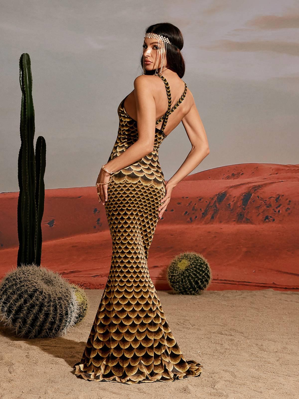 Hosea Printed Mermaid Maxi Dress featuring a floral print, v-neckline, and curve-accentuating mermaid silhouette.