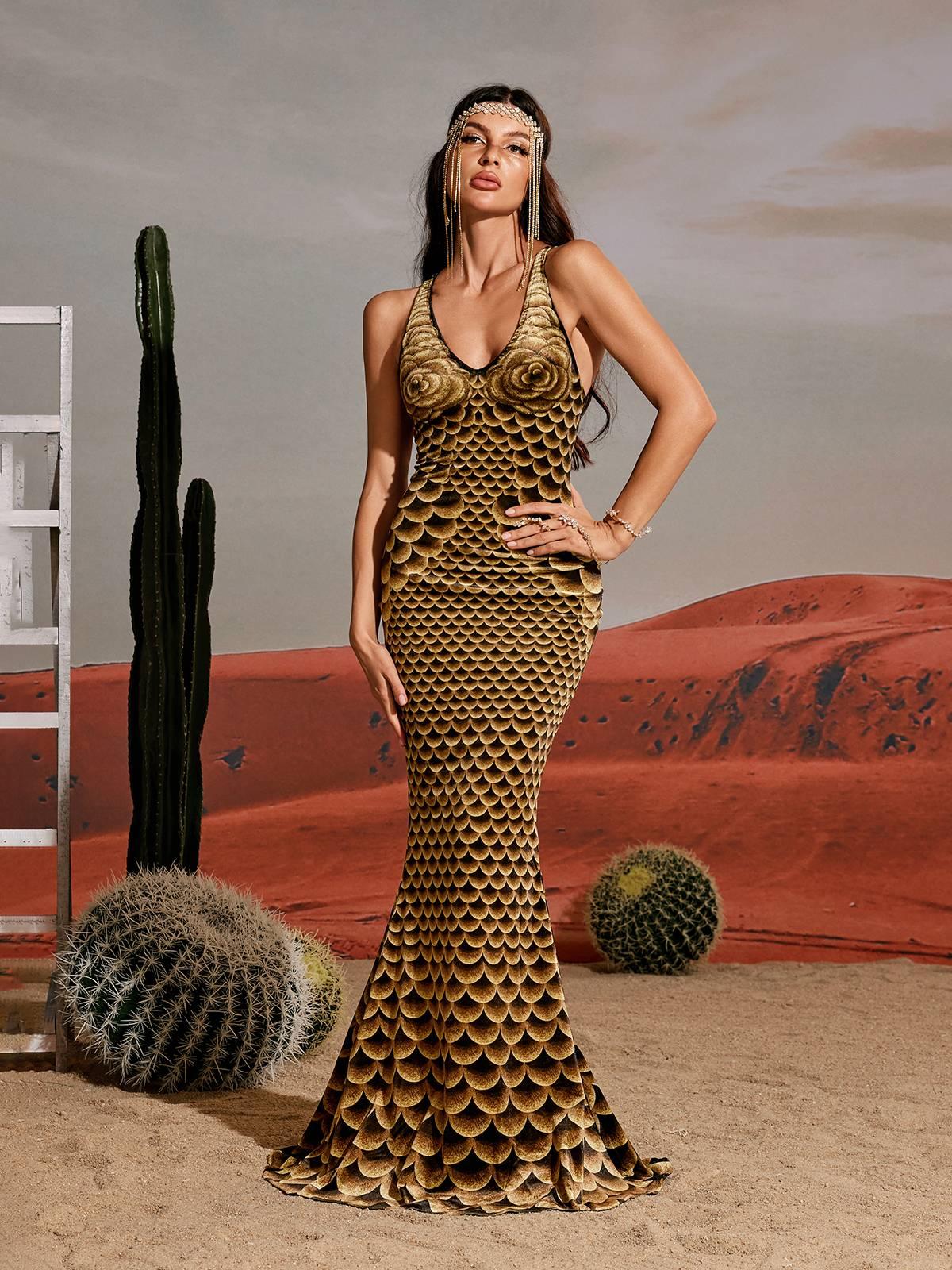 Hosea Printed Mermaid Maxi Dress featuring a floral print, v-neckline, and curve-accentuating mermaid silhouette.