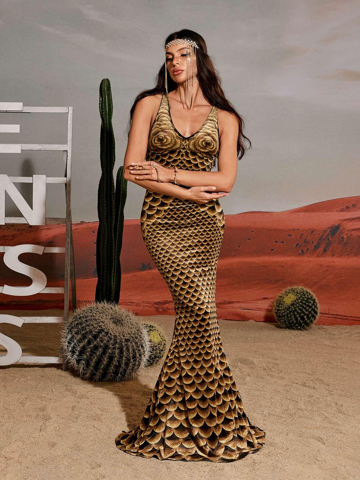 Hosea Printed Mermaid Maxi Dress featuring a floral print, v-neckline, and curve-accentuating mermaid silhouette.