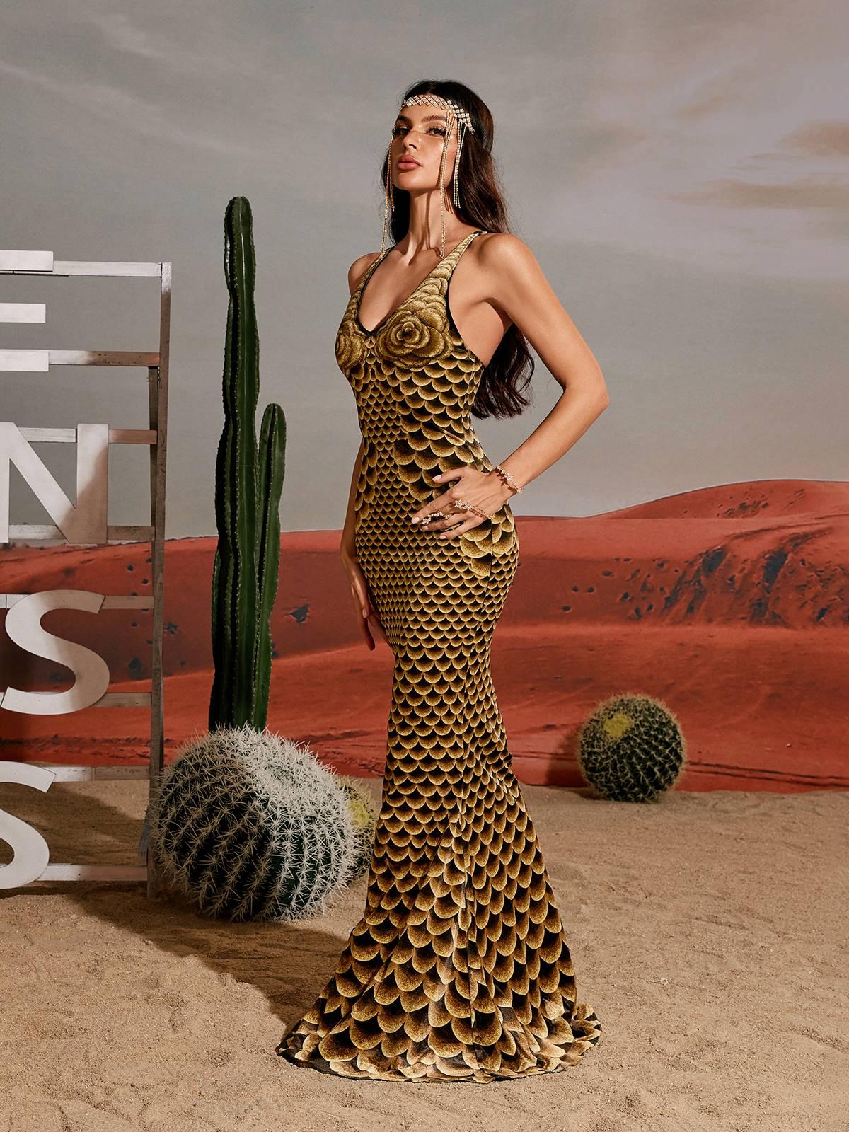 Hosea Printed Mermaid Maxi Dress featuring a floral print, v-neckline, and curve-accentuating mermaid silhouette.