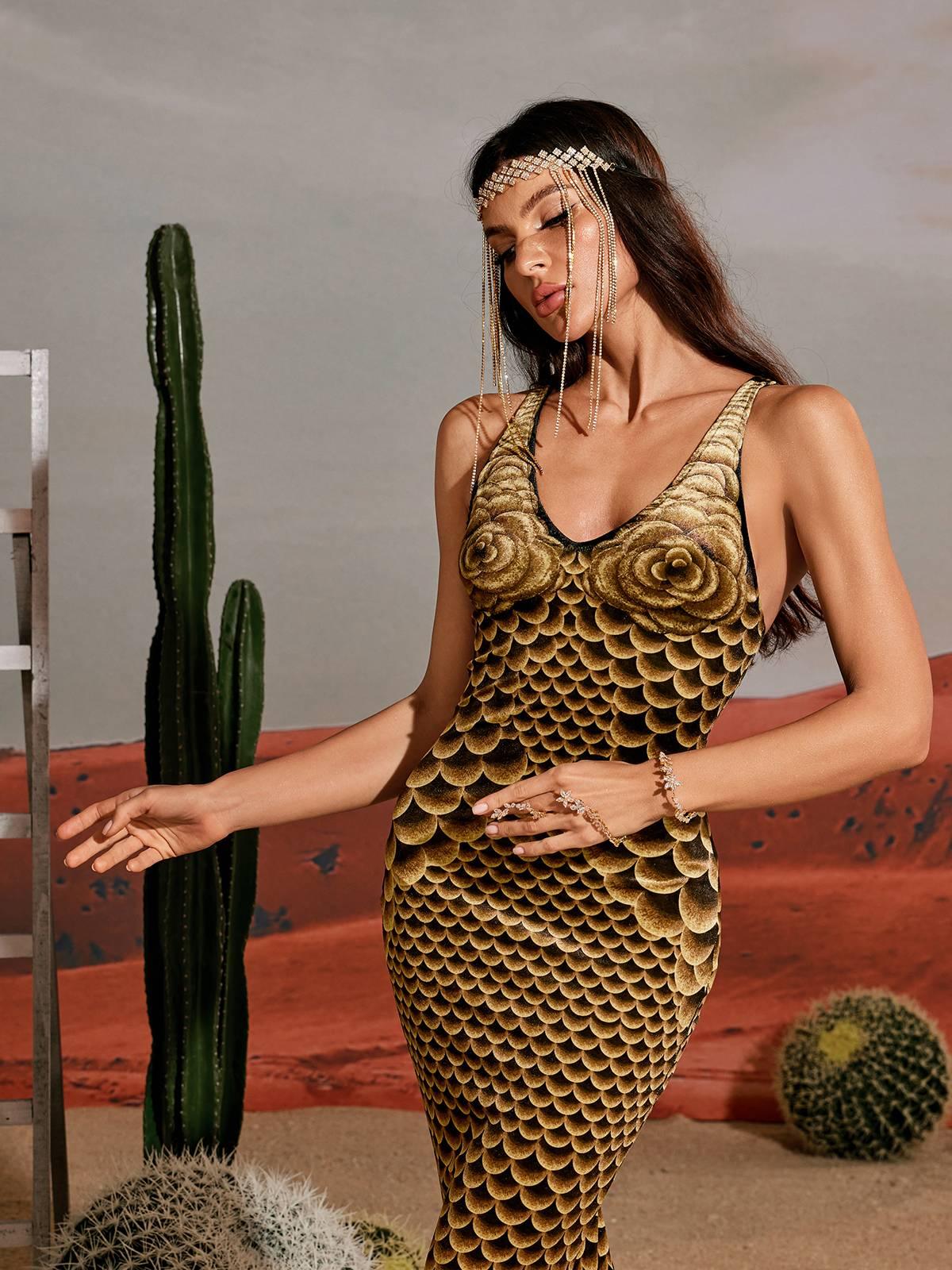 Hosea Printed Mermaid Maxi Dress featuring a floral print, v-neckline, and curve-accentuating mermaid silhouette.