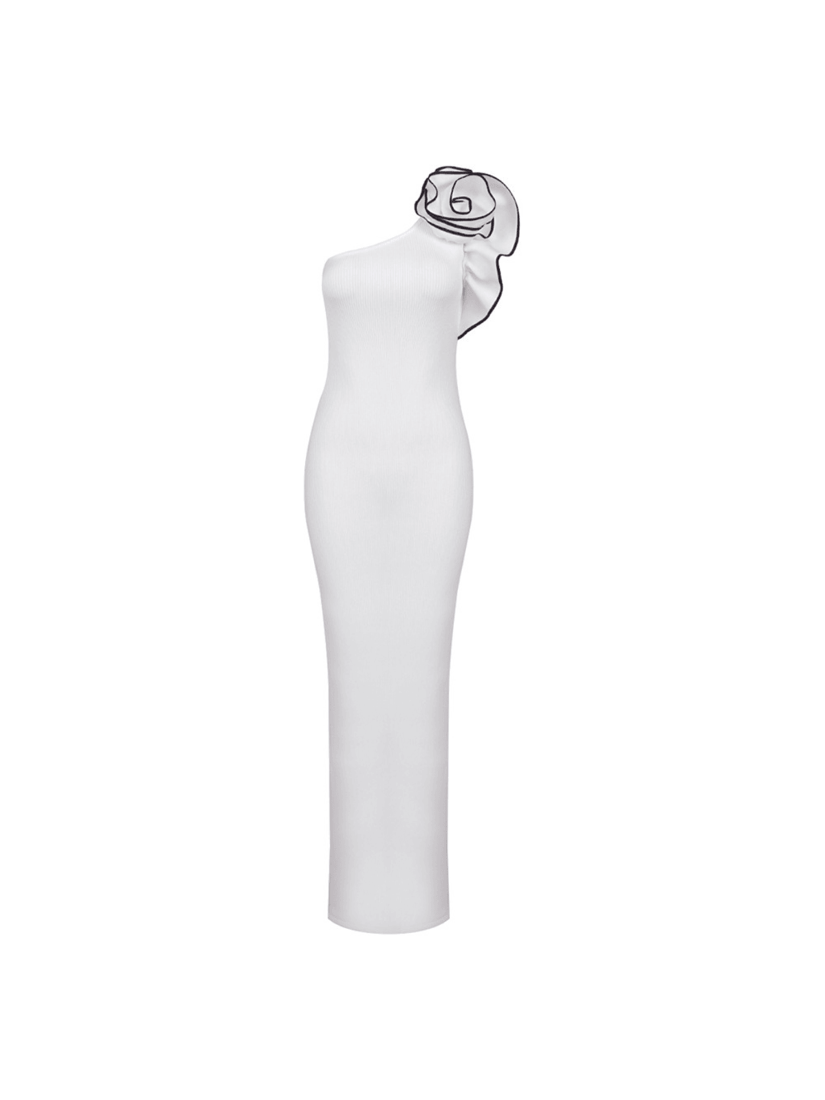 Huck One Shoulder Flower Bandage Dress in white, featuring floral details and a curve-hugging silhouette, perfect for cocktail events.