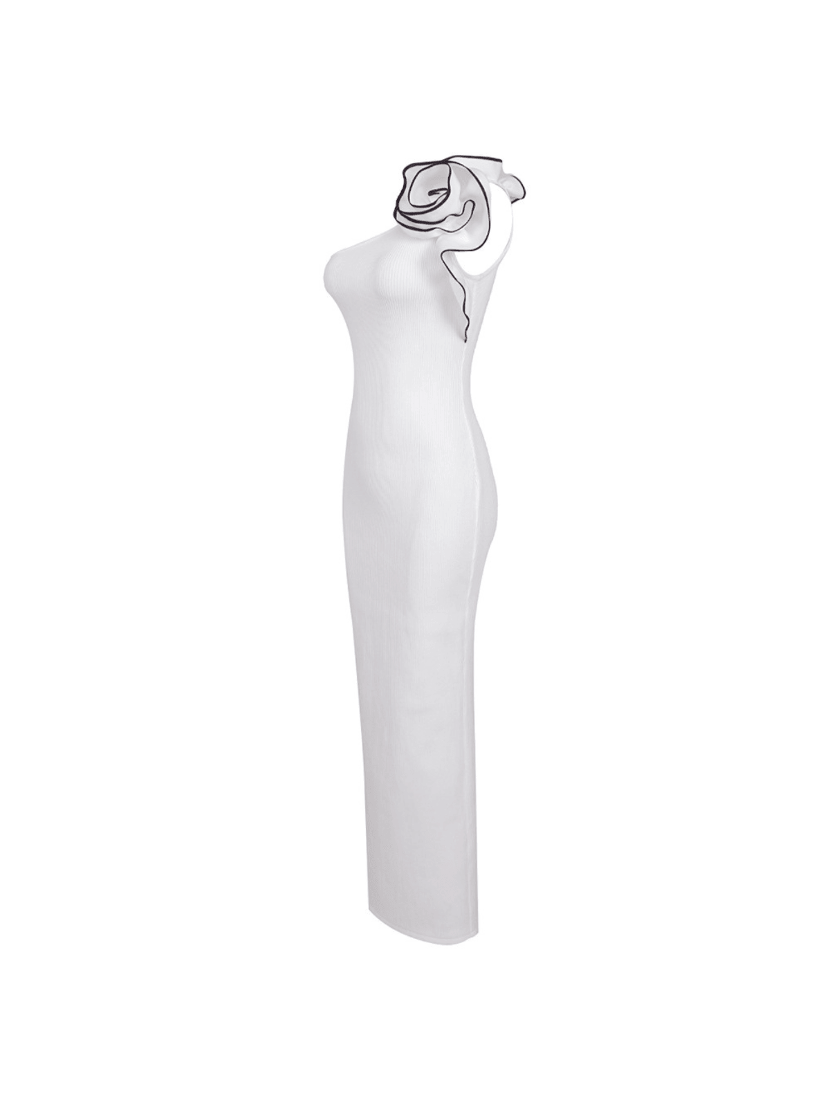 Huck One Shoulder Flower Bandage Dress in white, featuring floral details and a curve-hugging silhouette, perfect for cocktail events.
