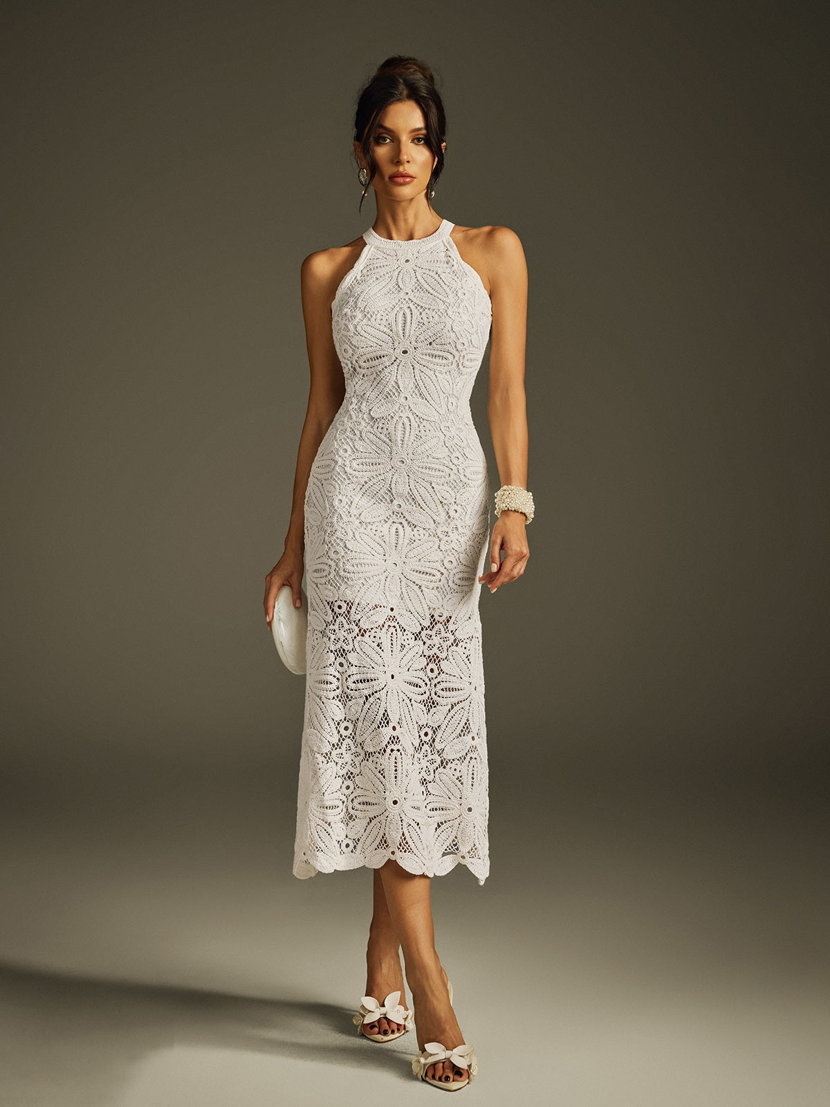 Hyren Halterneck Embroidered Midi Dress