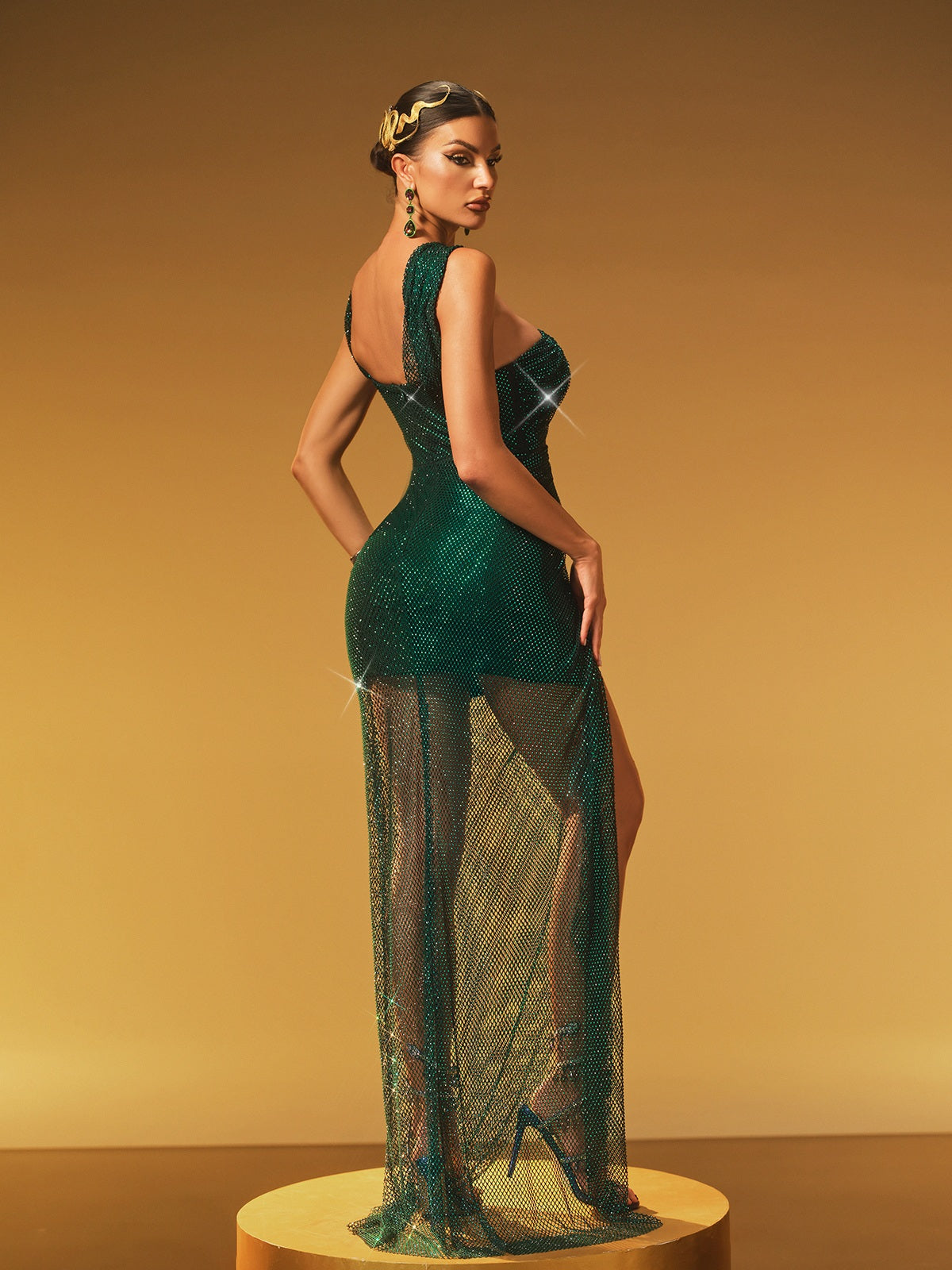 Hyressa Rhinestone Mesh Split Maxi Dress
