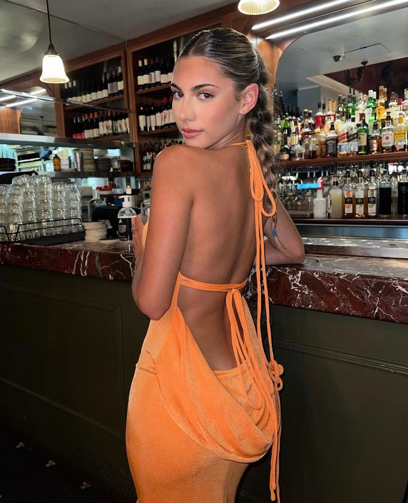 Lemiya Backless Lace up Hanging Night Dress-Orange