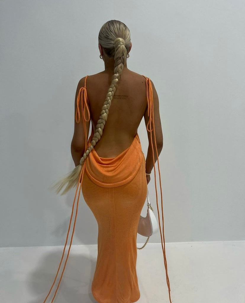 Lemiya Backless Lace up Hanging Night Dress-Orange