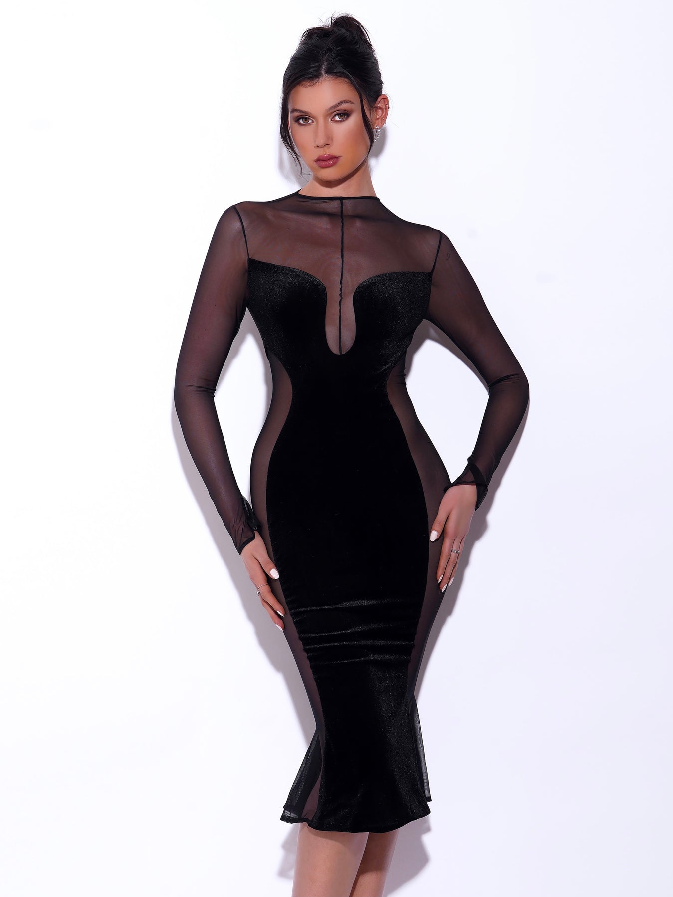 Meriga Black Velvet Mesh Long Sleeve Dress
