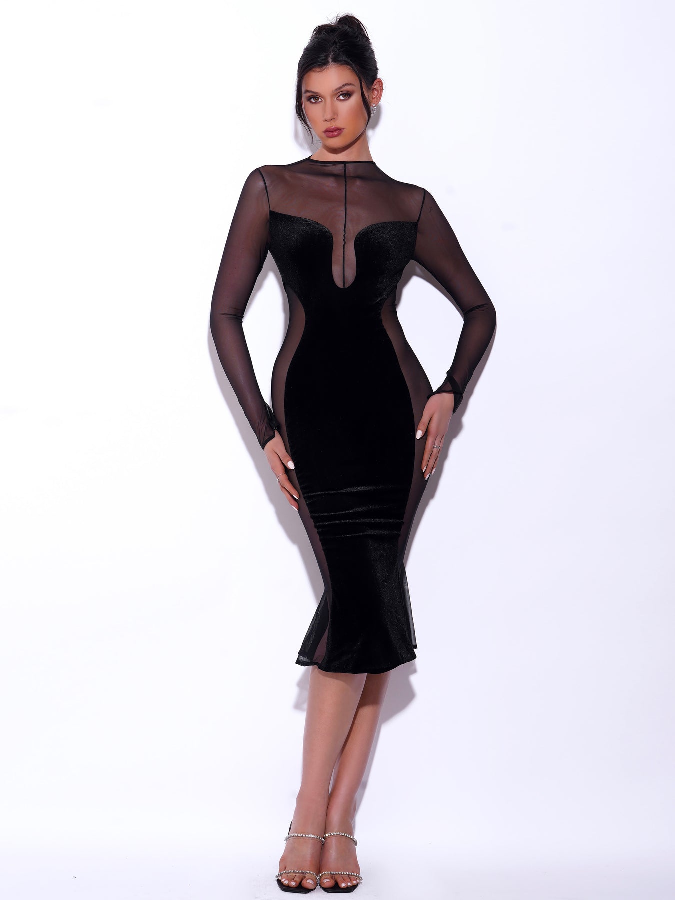 Meriga Black Velvet Mesh Long Sleeve Dress