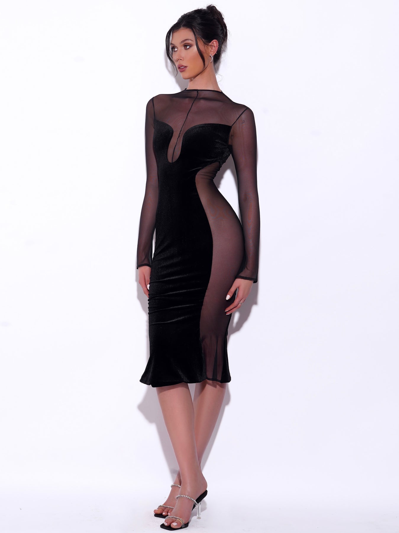Meriga Black Velvet Mesh Long Sleeve Dress