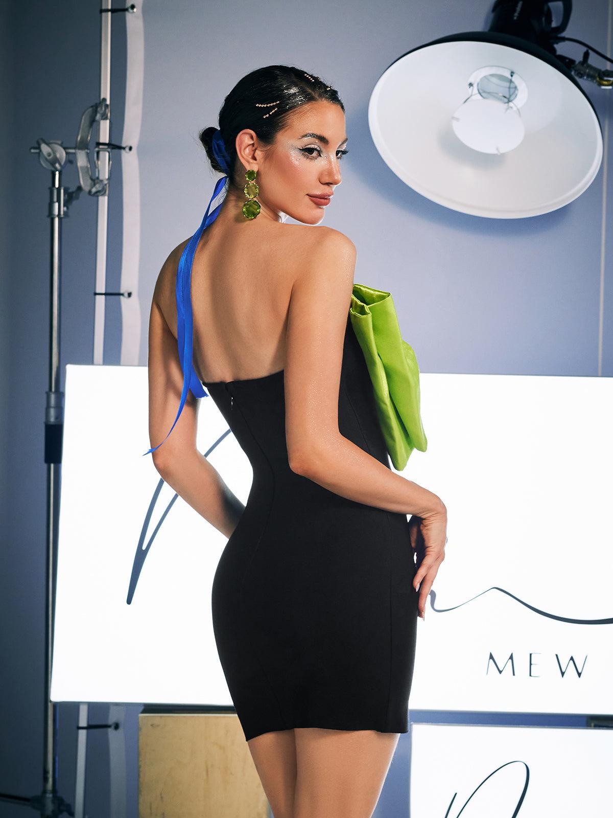 Idony Strapless Bow Crystal Fringe Mini Dress in Black, featuring a chic design with crystal fringe and a flattering silhouette.