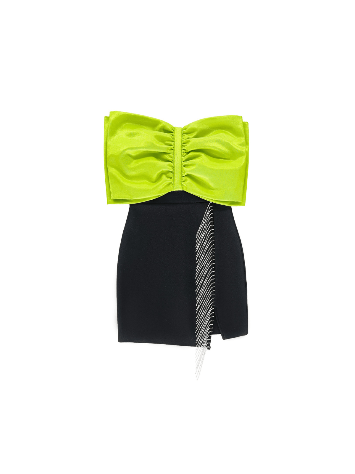 Idony Strapless Bow Crystal Fringe Mini Dress in Black, featuring a chic design with crystal fringe and a flattering silhouette.