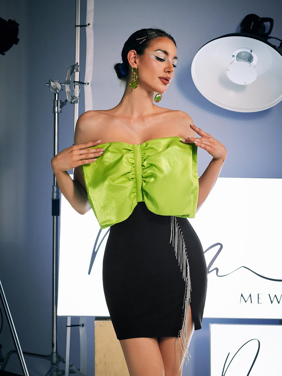 Idony Strapless Bow Crystal Fringe Mini Dress in Black, featuring a chic design with crystal fringe and a flattering silhouette.