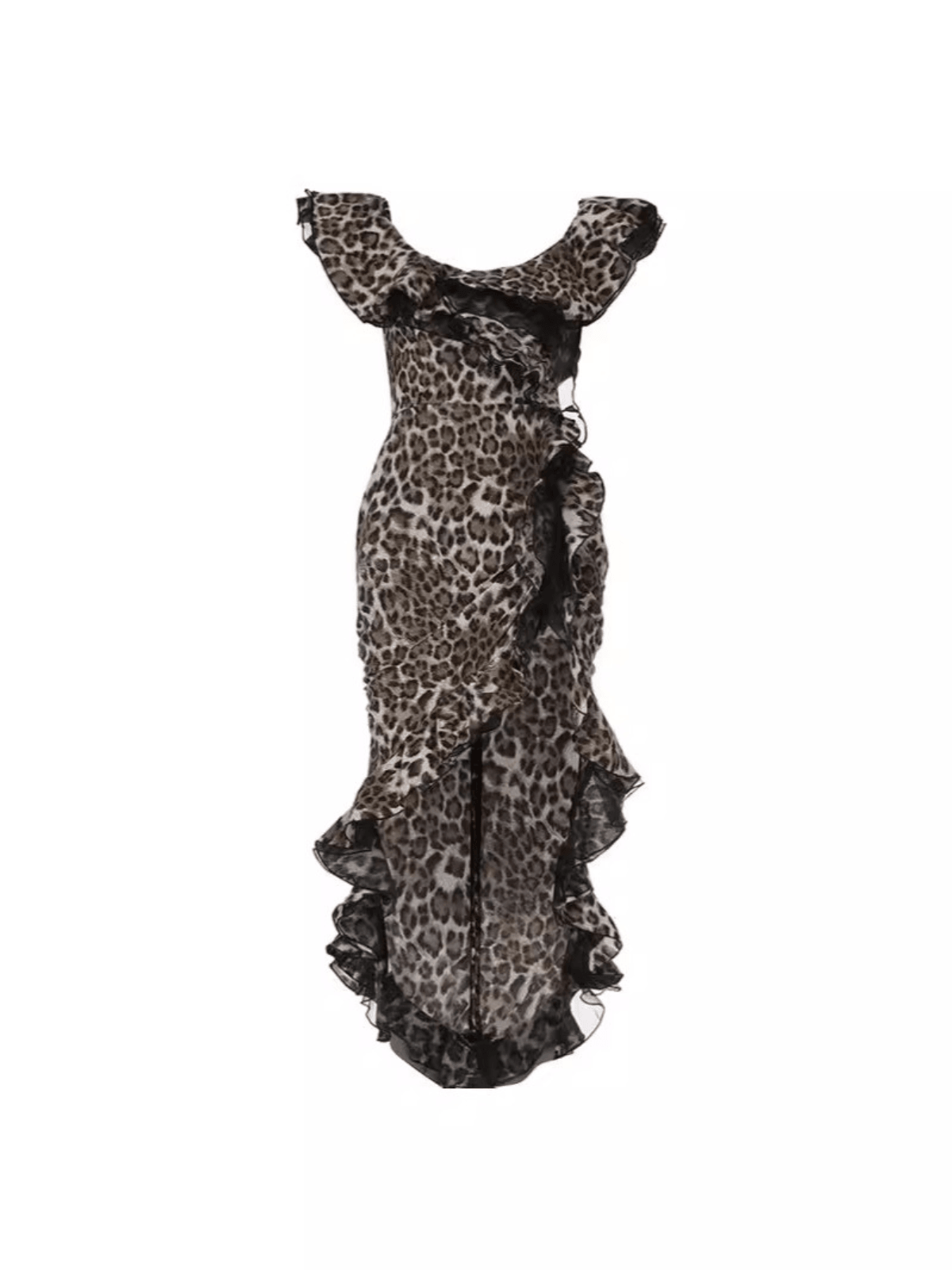 Ike Off Shoulder Leopard Print Dress in brown, ideal for summer parties and vacations, featuring a stylish midi design.