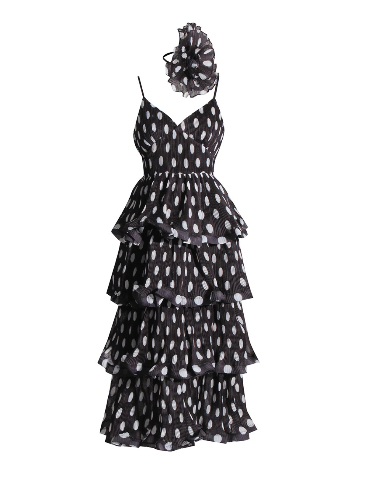 Ilaria Spaghetti Dot Tiered Dress featuring a playful polka dot design and spaghetti straps, ideal for summer gatherings.