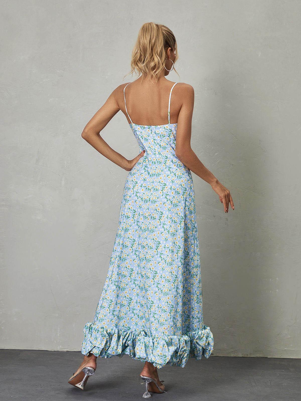 Ilsa Spaghetti Floral Maxi Dress in Blue, featuring a feminine floral design and elegant floor-length style, perfect for summer occasions.