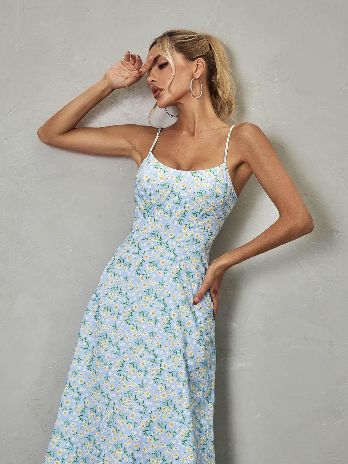 Ilsa Spaghetti Floral Maxi Dress in Blue, featuring a feminine floral design and elegant floor-length style, perfect for summer occasions.
