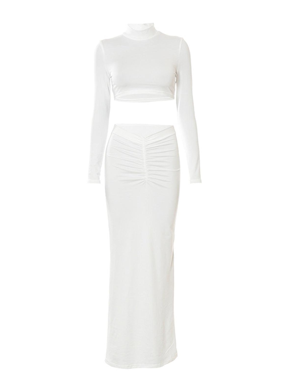 Imani Long Sleeve Ruched Skirt Set featuring a stylish crop top and maxi skirt in white, perfect for elegant occasions and vacations.