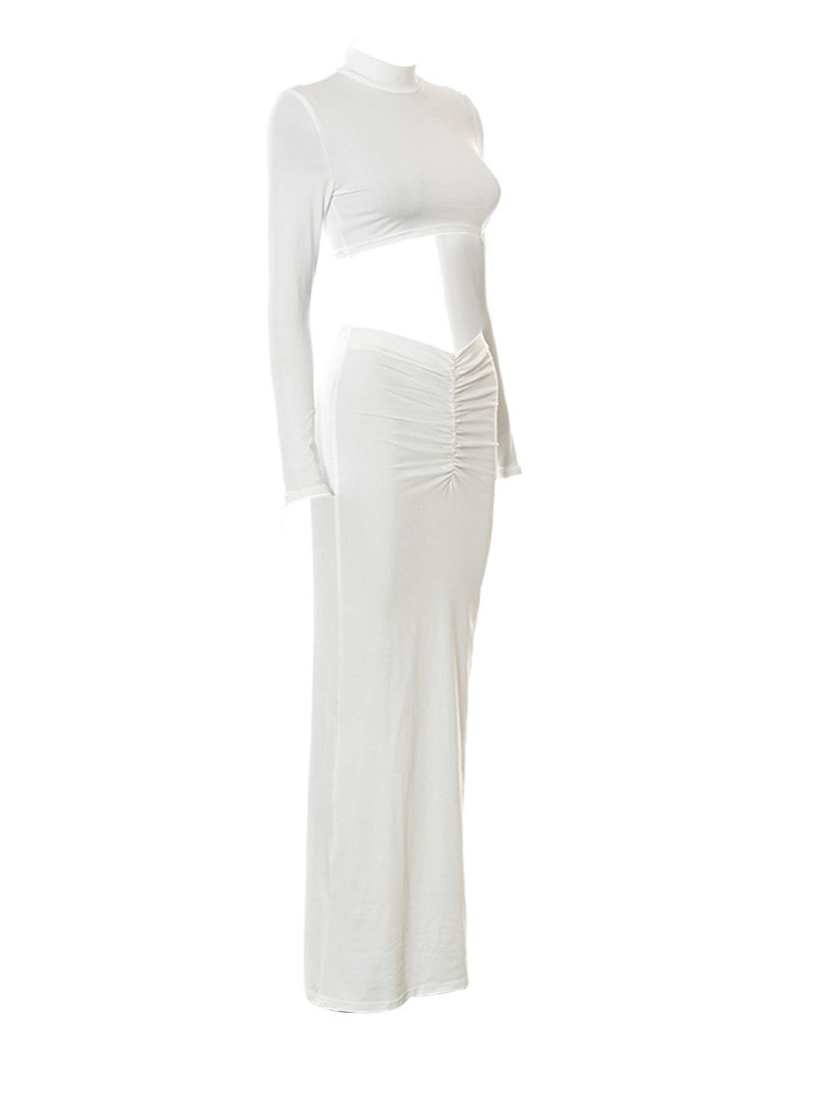 Imani Long Sleeve Ruched Skirt Set featuring a stylish crop top and maxi skirt in white, perfect for elegant occasions and vacations.