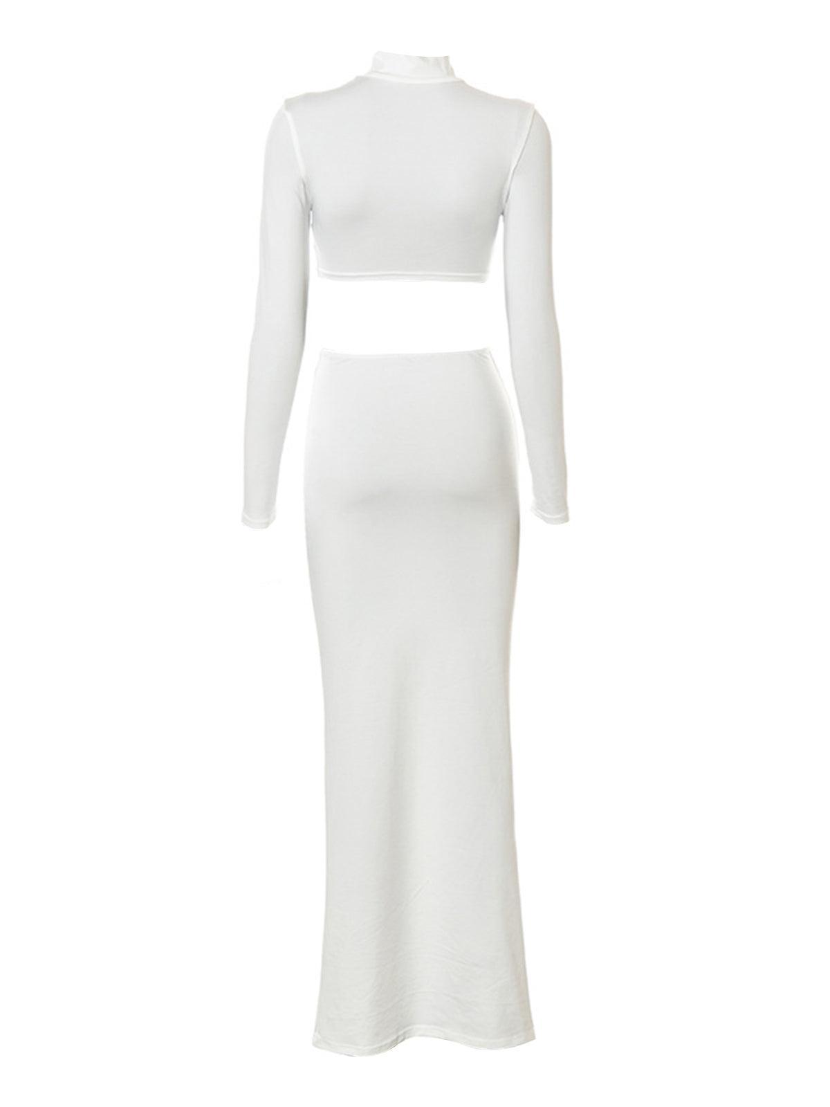 Imani Long Sleeve Ruched Skirt Set featuring a stylish crop top and maxi skirt in white, perfect for elegant occasions and vacations.