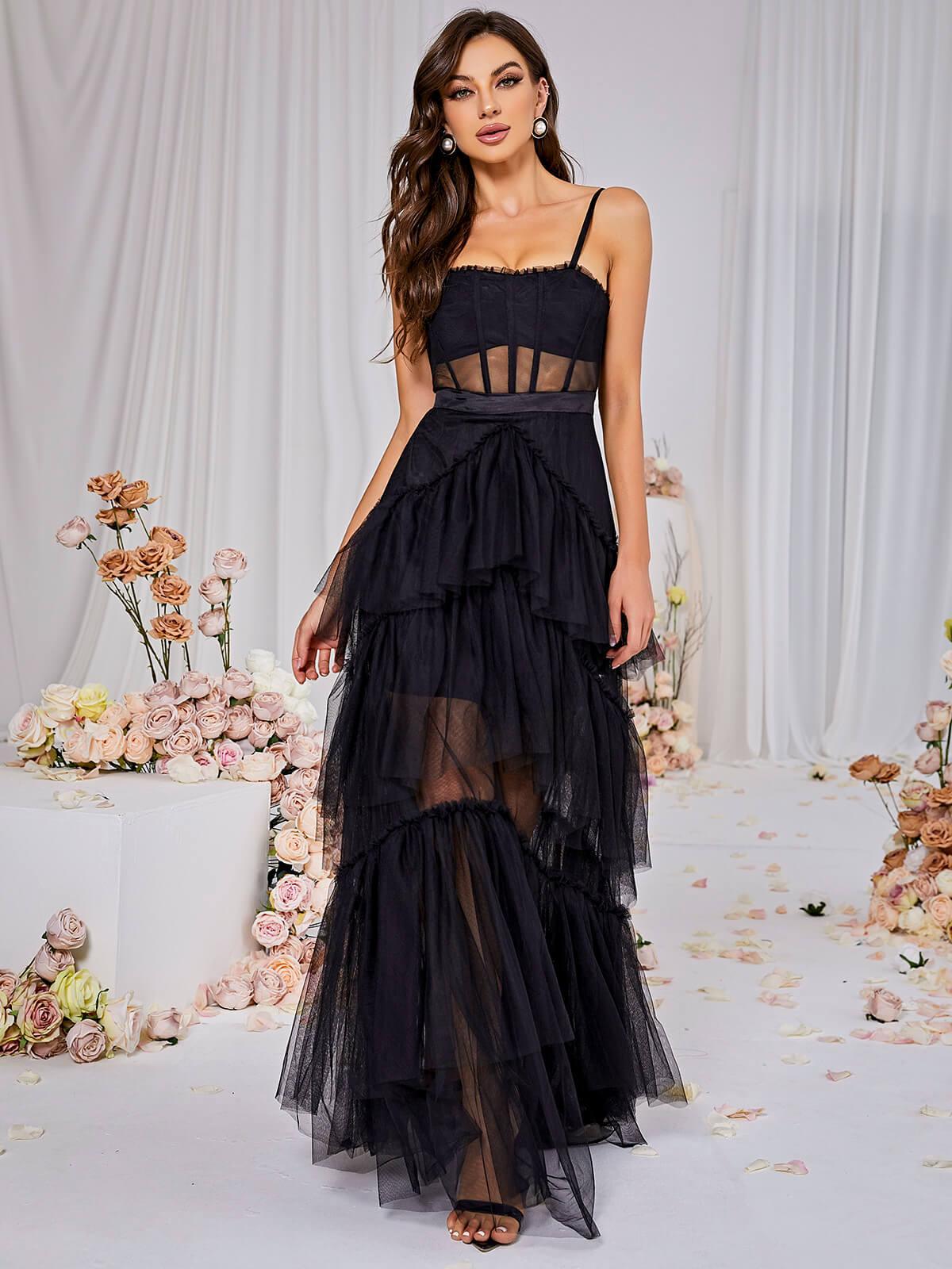 Inaya Mesh Maxi Dress in Black, a sleeveless, ruched, floor-length gown perfect for elegant summer occasions.