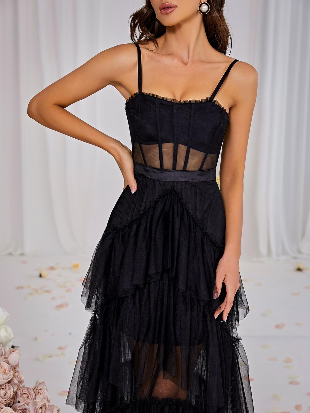 Inaya Mesh Maxi Dress in Black, a sleeveless, ruched, floor-length gown perfect for elegant summer occasions.