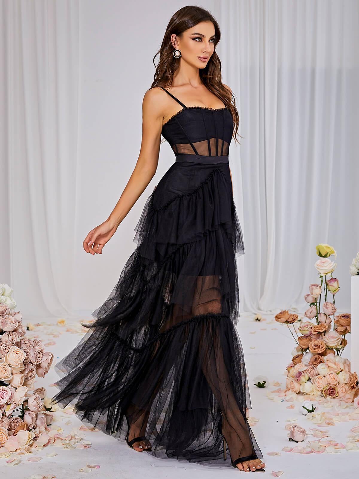 Inaya Mesh Maxi Dress in Black, a sleeveless, ruched, floor-length gown perfect for elegant summer occasions.