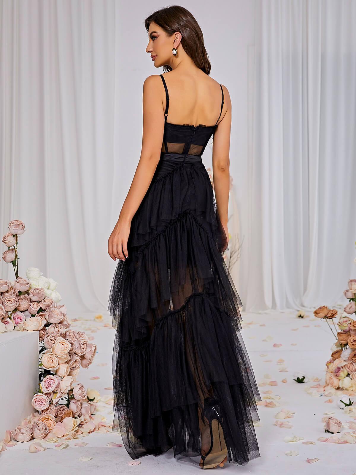 Inaya Mesh Maxi Dress in Black, a sleeveless, ruched, floor-length gown perfect for elegant summer occasions.