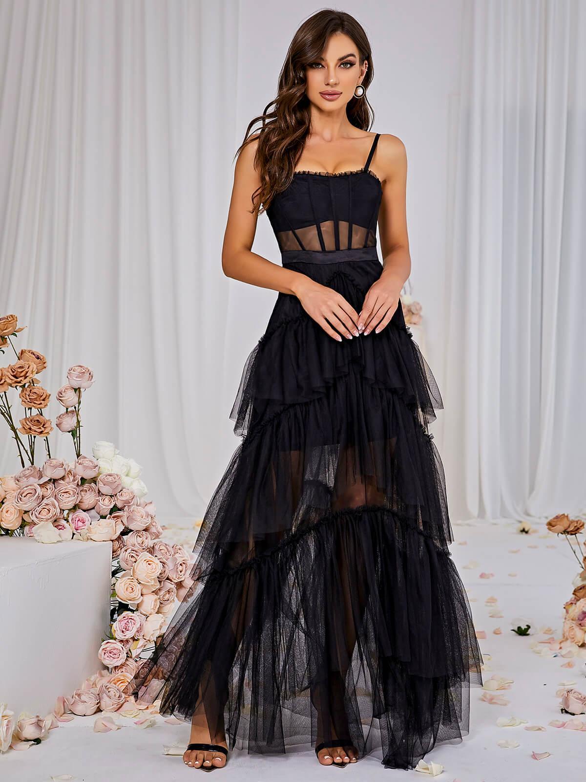 Inaya Mesh Maxi Dress in Black, a sleeveless, ruched, floor-length gown perfect for elegant summer occasions.