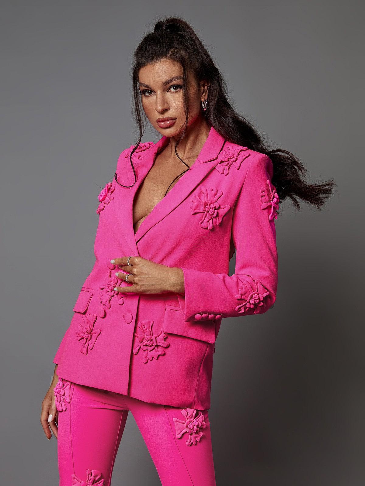 Indiana Floral Embellished Blazer Set in Hot Pink, featuring a tailored design, elegant floral embellishments, ideal for stylish evening wear.