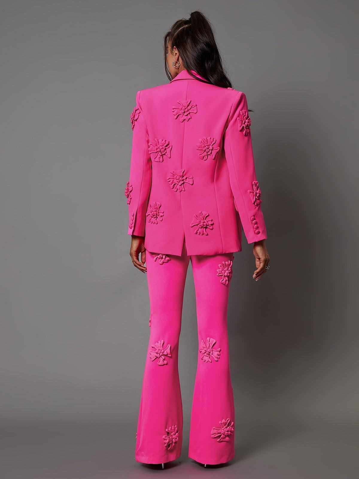 Indiana Floral Embellished Blazer Set in Hot Pink, featuring a tailored design, elegant floral embellishments, ideal for stylish evening wear.