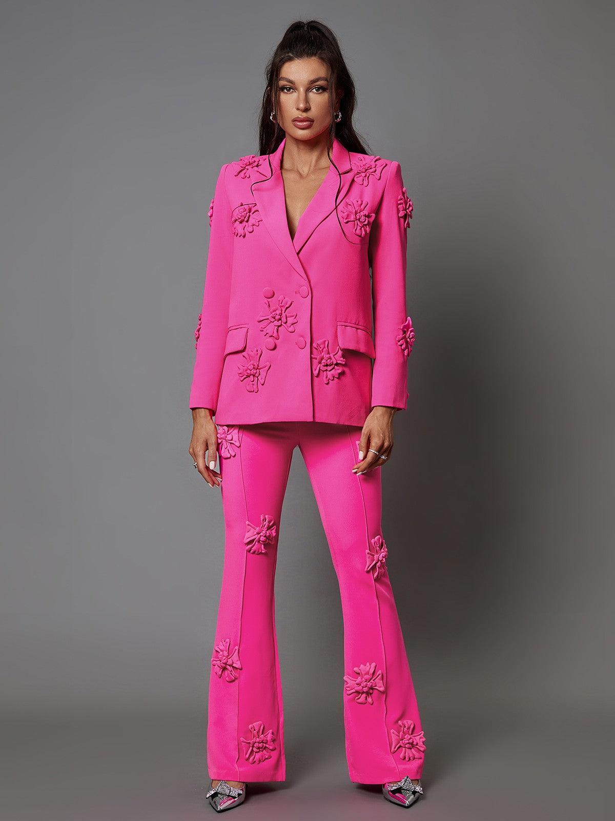 Indiana Floral Embellished Blazer Set in Hot Pink, featuring a tailored design, elegant floral embellishments, ideal for stylish evening wear.
