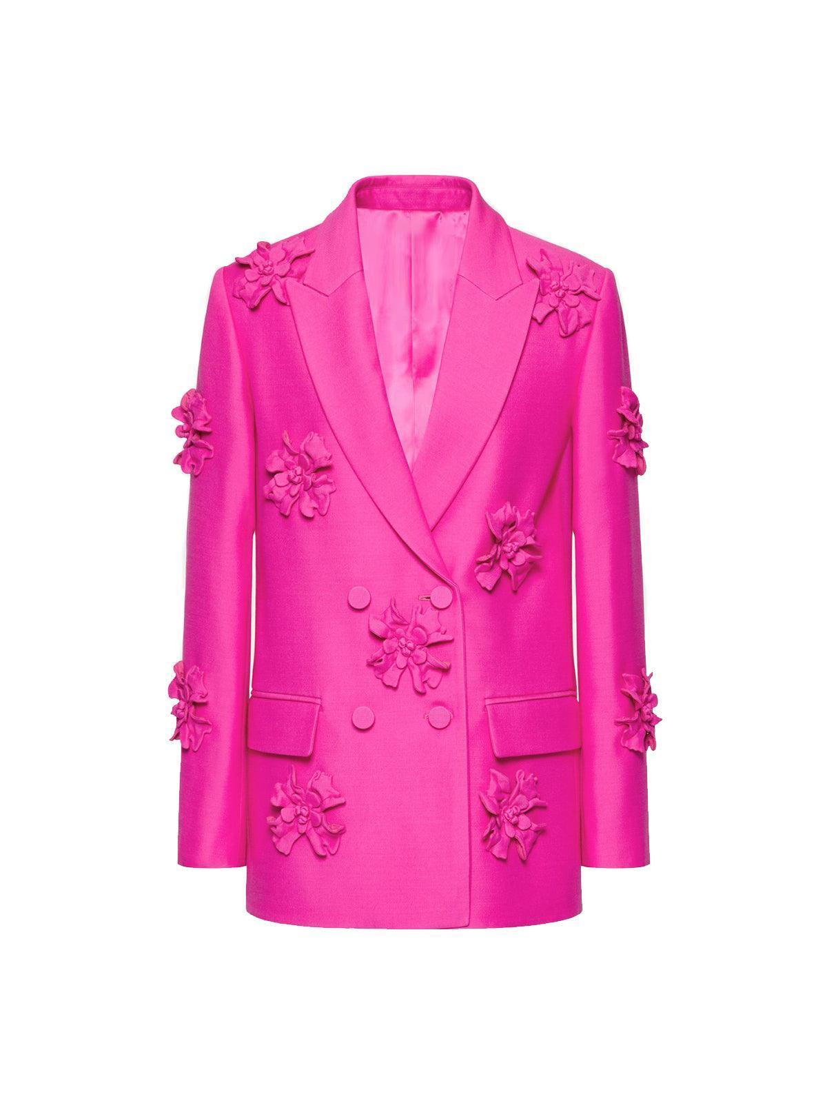 Indiana Floral Embellished Blazer Set in Hot Pink, featuring a tailored design, elegant floral embellishments, ideal for stylish evening wear.