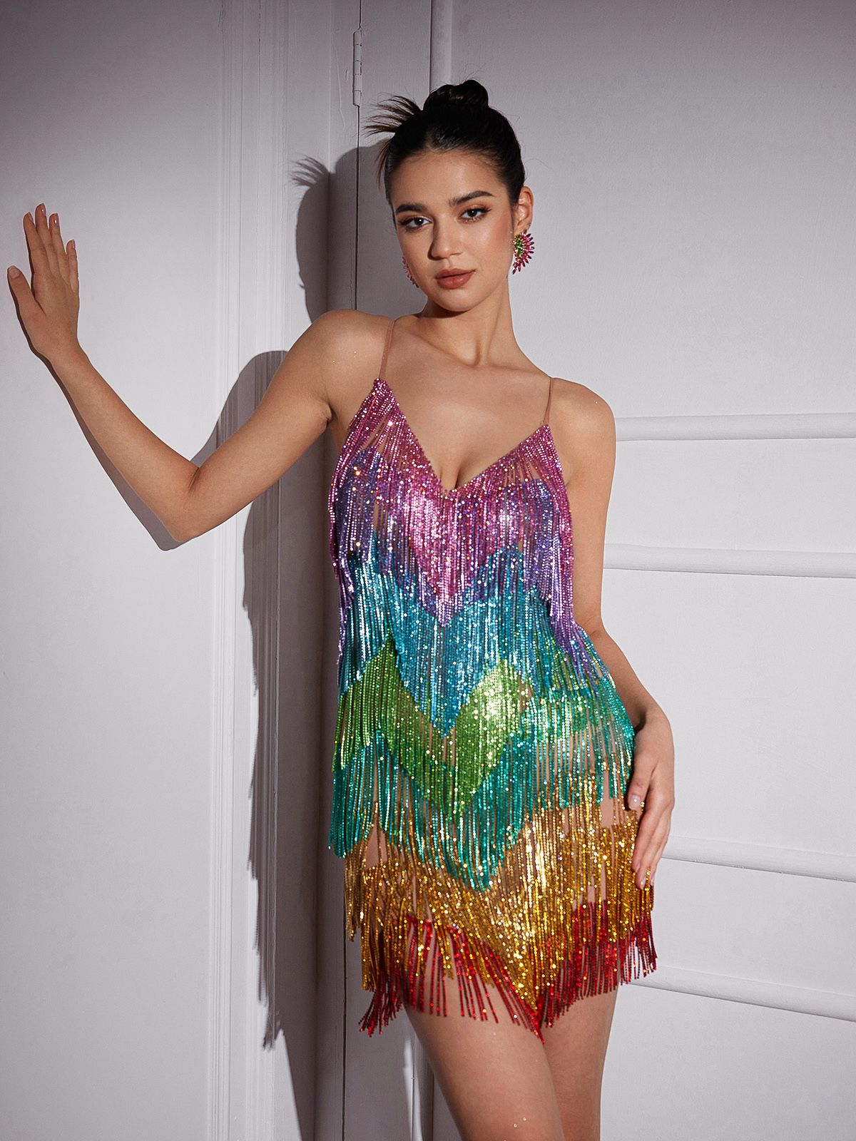 Indy V Neck Rainbow Crystal Fringe Mini Dress featuring vibrant colors, fringe details, and a backless design, ideal for parties and festivals.