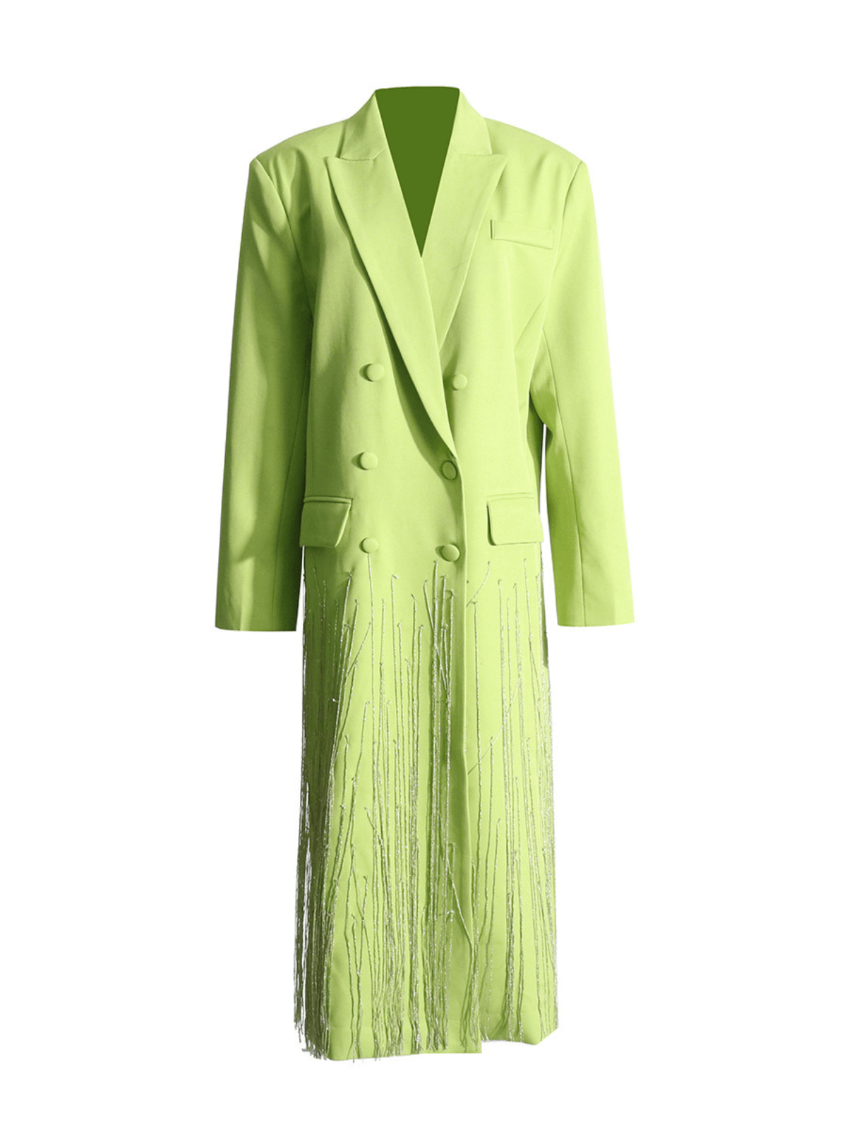 Inigo Crystal Fringe Blazer Coat in green, featuring unique crystal detailing and elegant fringe design, ideal for chic evening wear.
