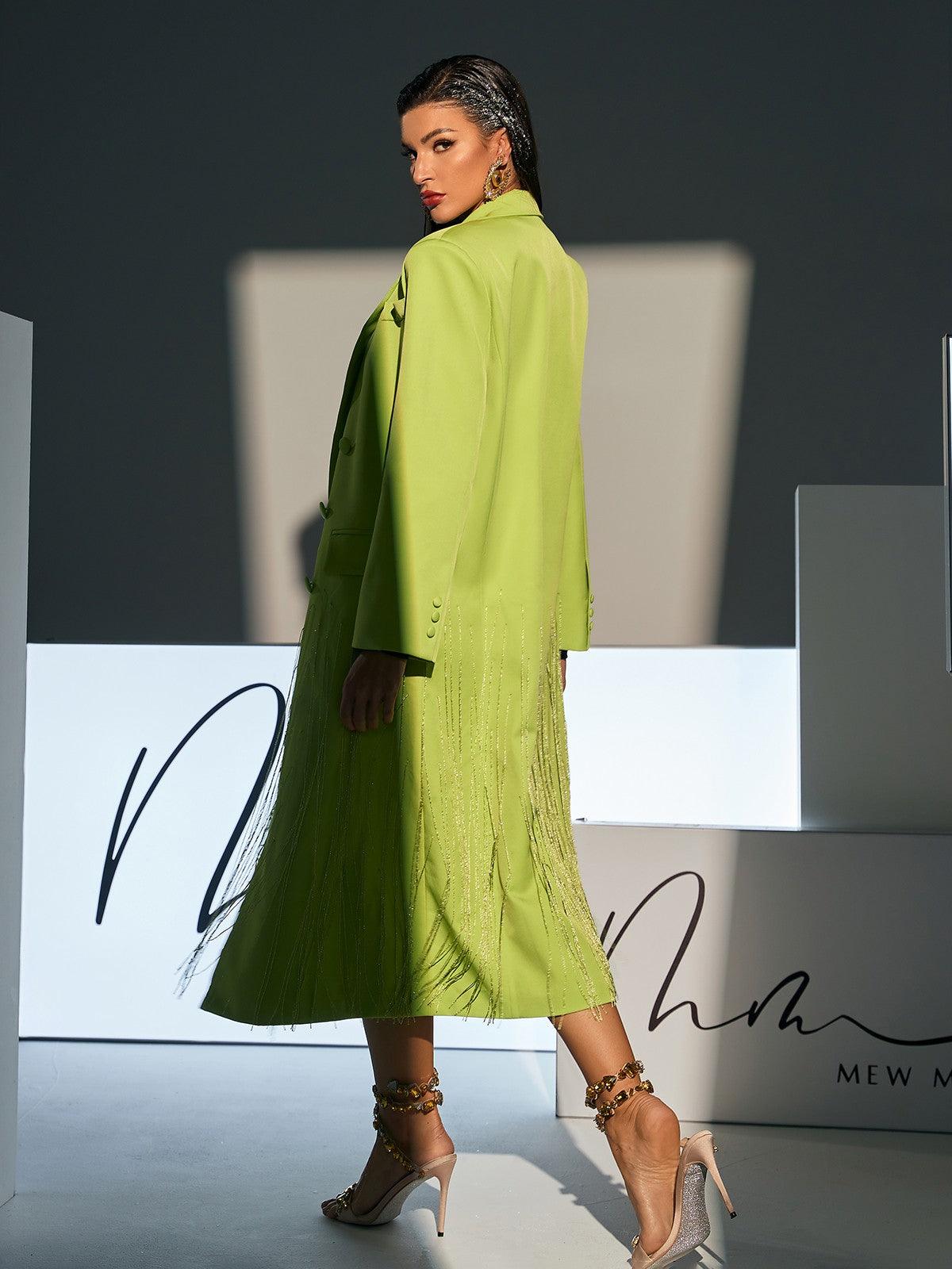 Inigo Crystal Fringe Blazer Coat in green, featuring unique crystal detailing and elegant fringe design, ideal for chic evening wear.