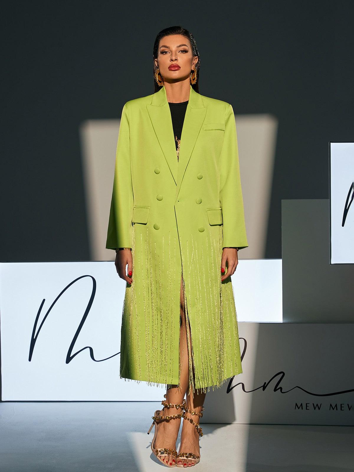 Inigo Crystal Fringe Blazer Coat in green, featuring unique crystal detailing and elegant fringe design, ideal for chic evening wear.
