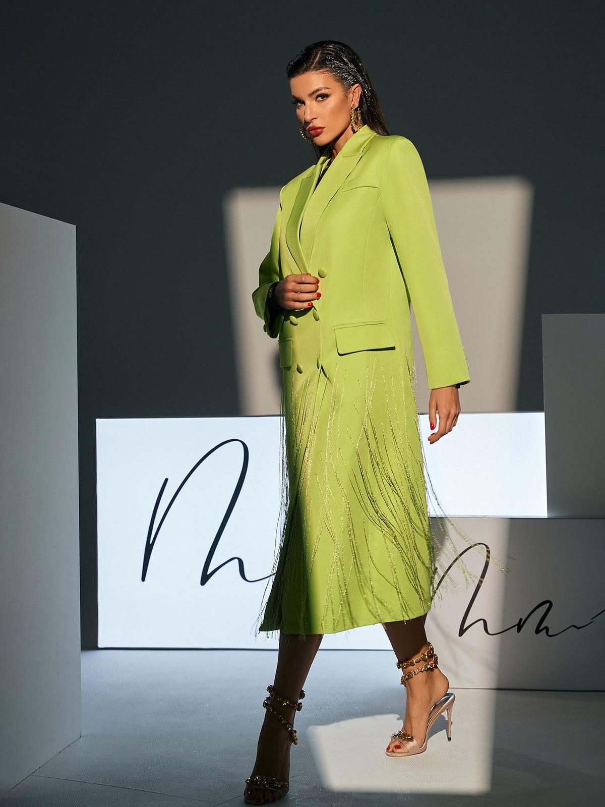 Inigo Crystal Fringe Blazer Coat in green, featuring unique crystal detailing and elegant fringe design, ideal for chic evening wear.