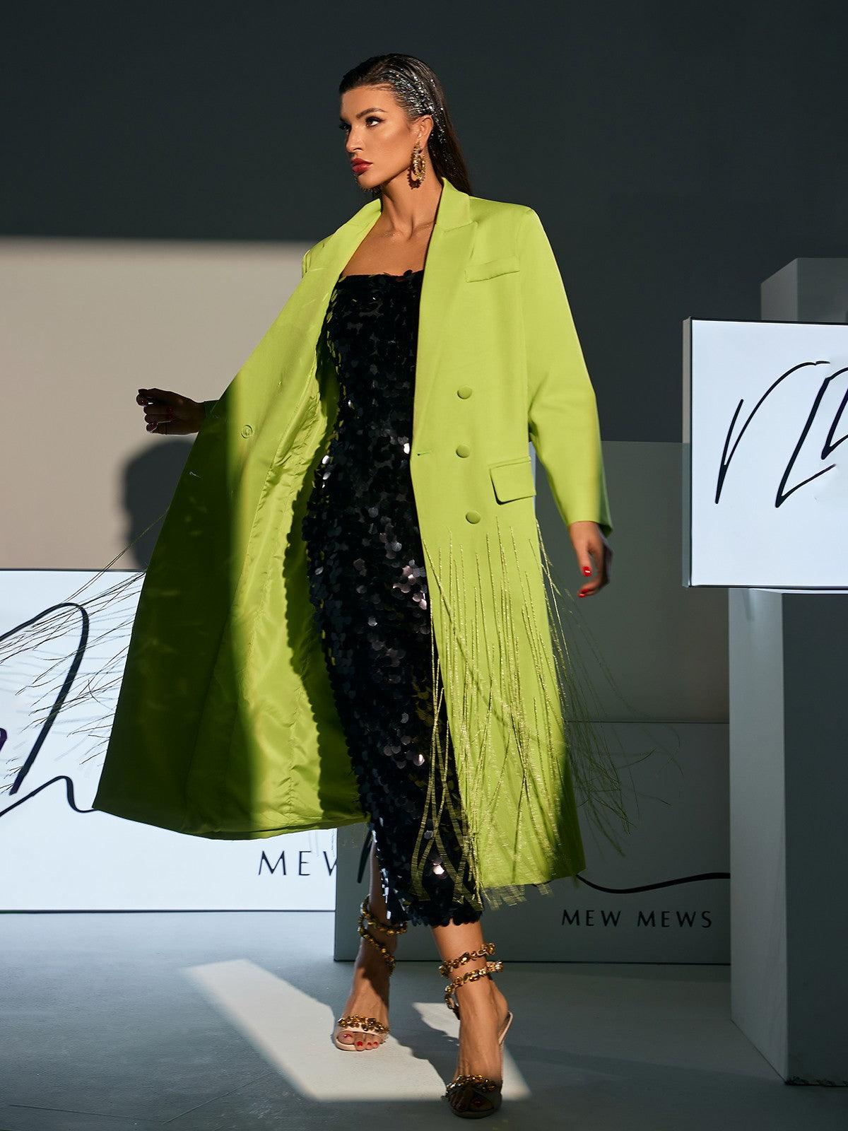 Inigo Crystal Fringe Blazer Coat in green, featuring unique crystal detailing and elegant fringe design, ideal for chic evening wear.