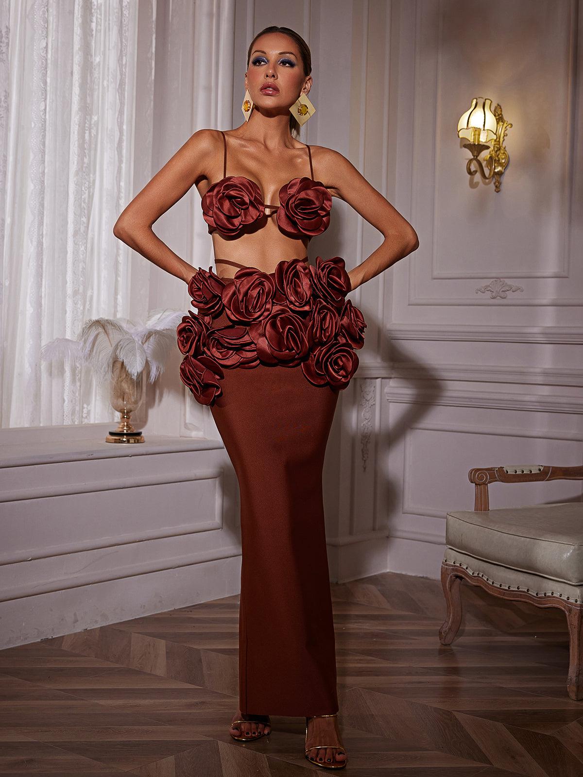 Irma Flower Bandage Skirt Set featuring a stylish floral design, high stretch fabric, and elegant silhouette perfect for summer parties.