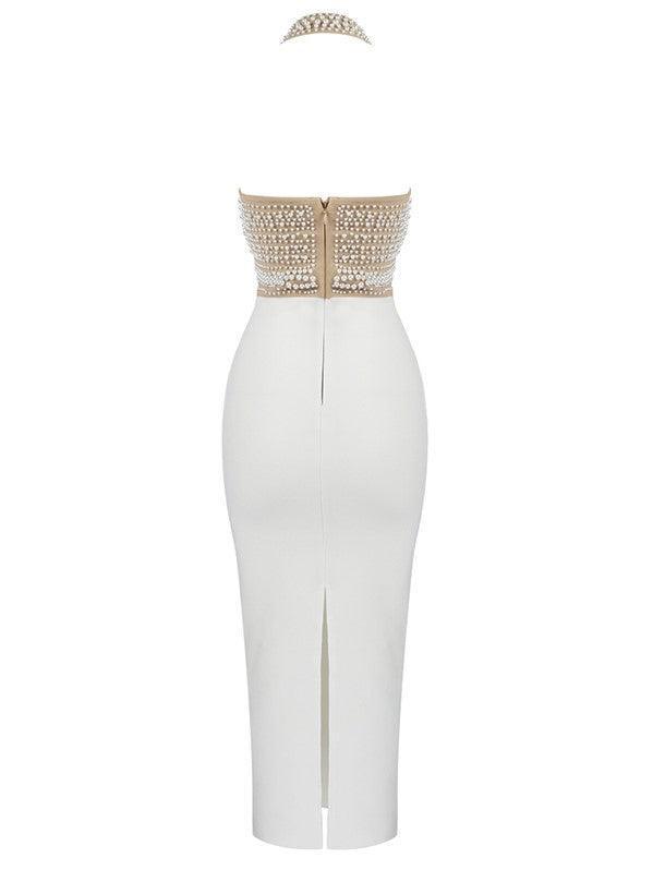 Isabella Halterneck Pearls Bandage Dress in Beige, showcasing a deep v-neck and open back design, perfect for evening occasions.