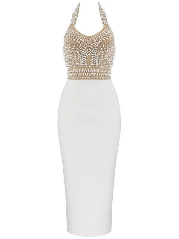 Isabella Halterneck Pearls Bandage Dress in Beige, showcasing a deep v-neck and open back design, perfect for evening occasions.