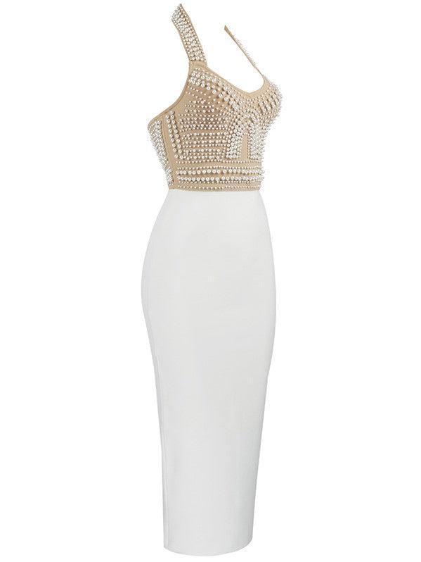 Isabella Halterneck Pearls Bandage Dress in Beige, showcasing a deep v-neck and open back design, perfect for evening occasions.