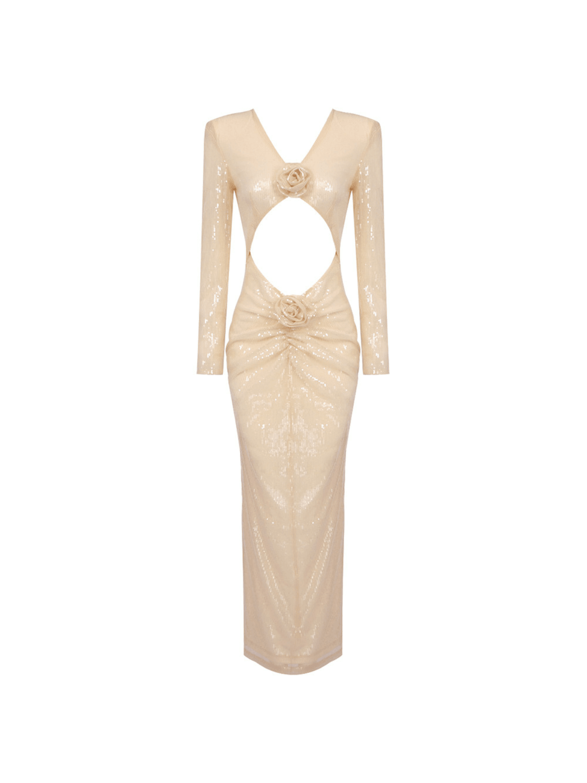 Isak Long Sleeve Flower Cutout Sequin Dress in Apricot, featuring intricate sequins and a floral design for an elegant cocktail look.