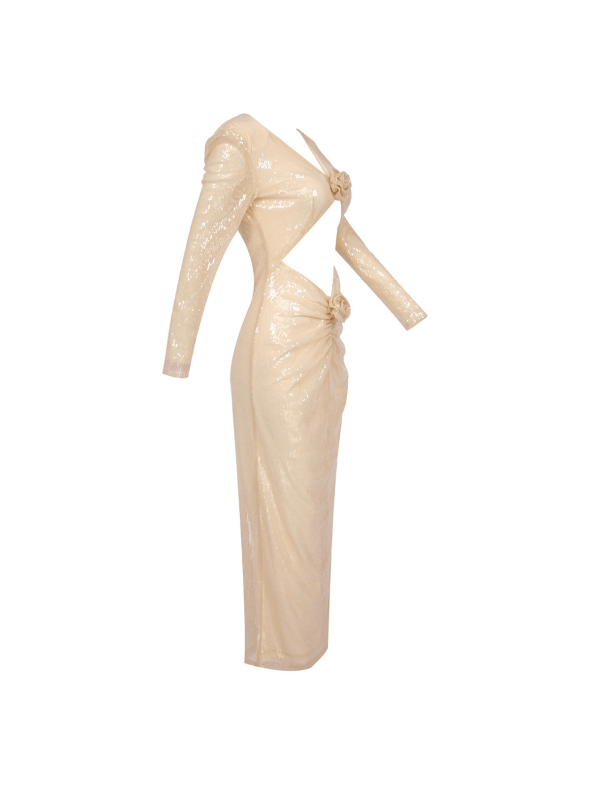 Isak Long Sleeve Flower Cutout Sequin Dress in Apricot, featuring intricate sequins and a floral design for an elegant cocktail look.