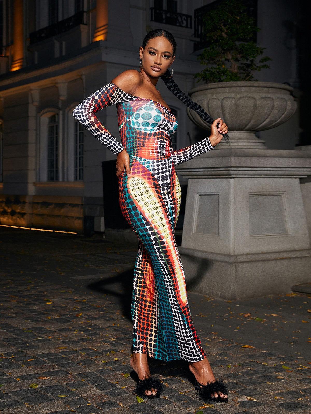Ishi Off Shoulder Maxi Dress in Multi, featuring a stylish long sleeve design, ideal for garden parties and summer occasions.