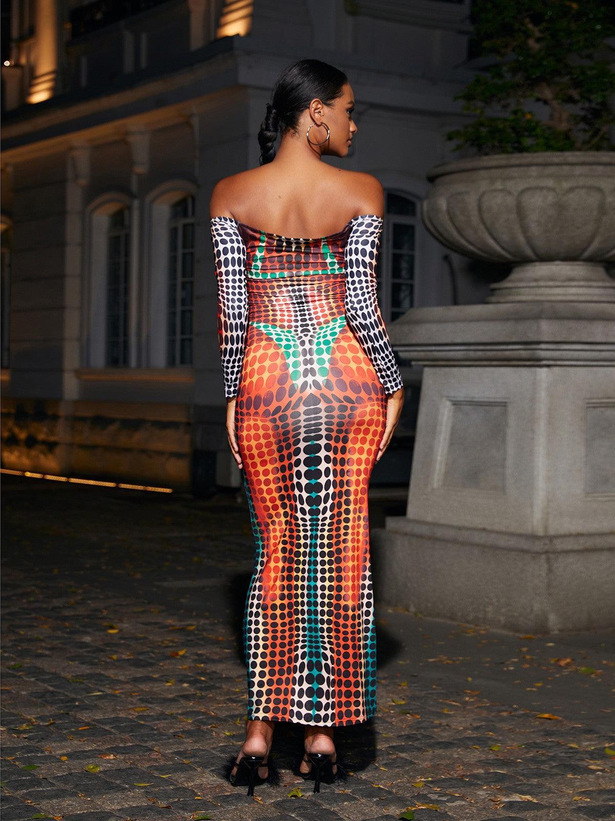 Ishi Off Shoulder Maxi Dress in Multi, featuring a stylish long sleeve design, ideal for garden parties and summer occasions.