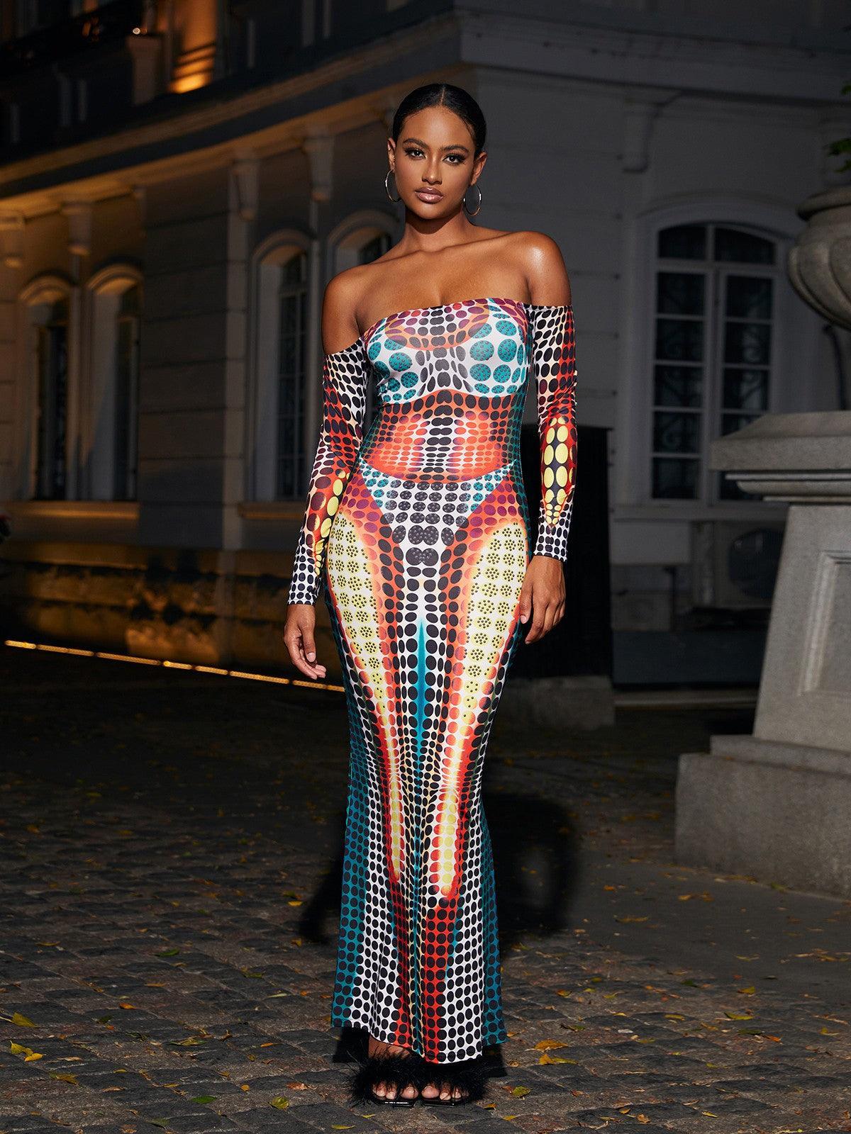 Ishi Off Shoulder Maxi Dress in Multi, featuring a stylish long sleeve design, ideal for garden parties and summer occasions.